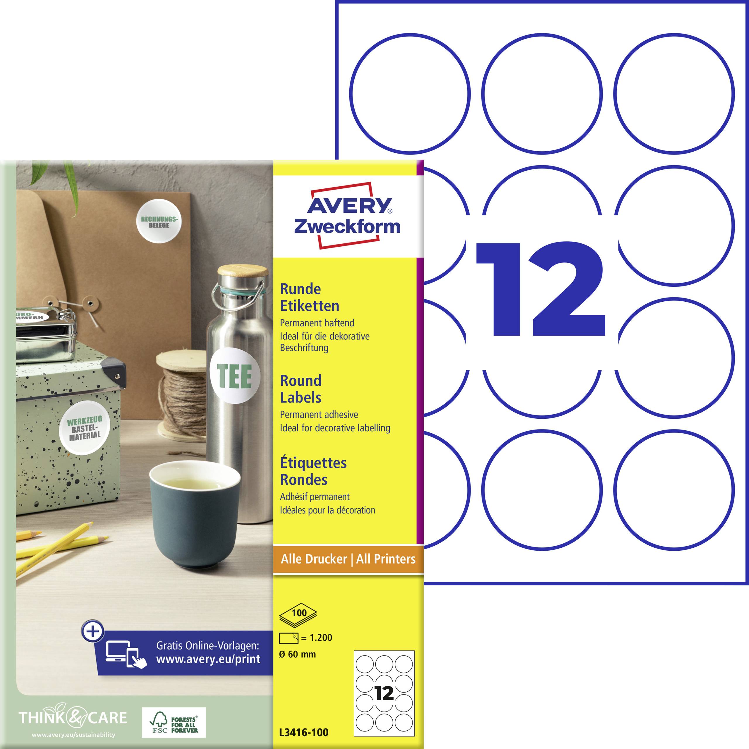 Avery Zweckform Rundetiketten, 12 pro Seite, dargestellt mit einem Produktfoto und einer Vorschau der Vorlage für runde Klebeetiketten.