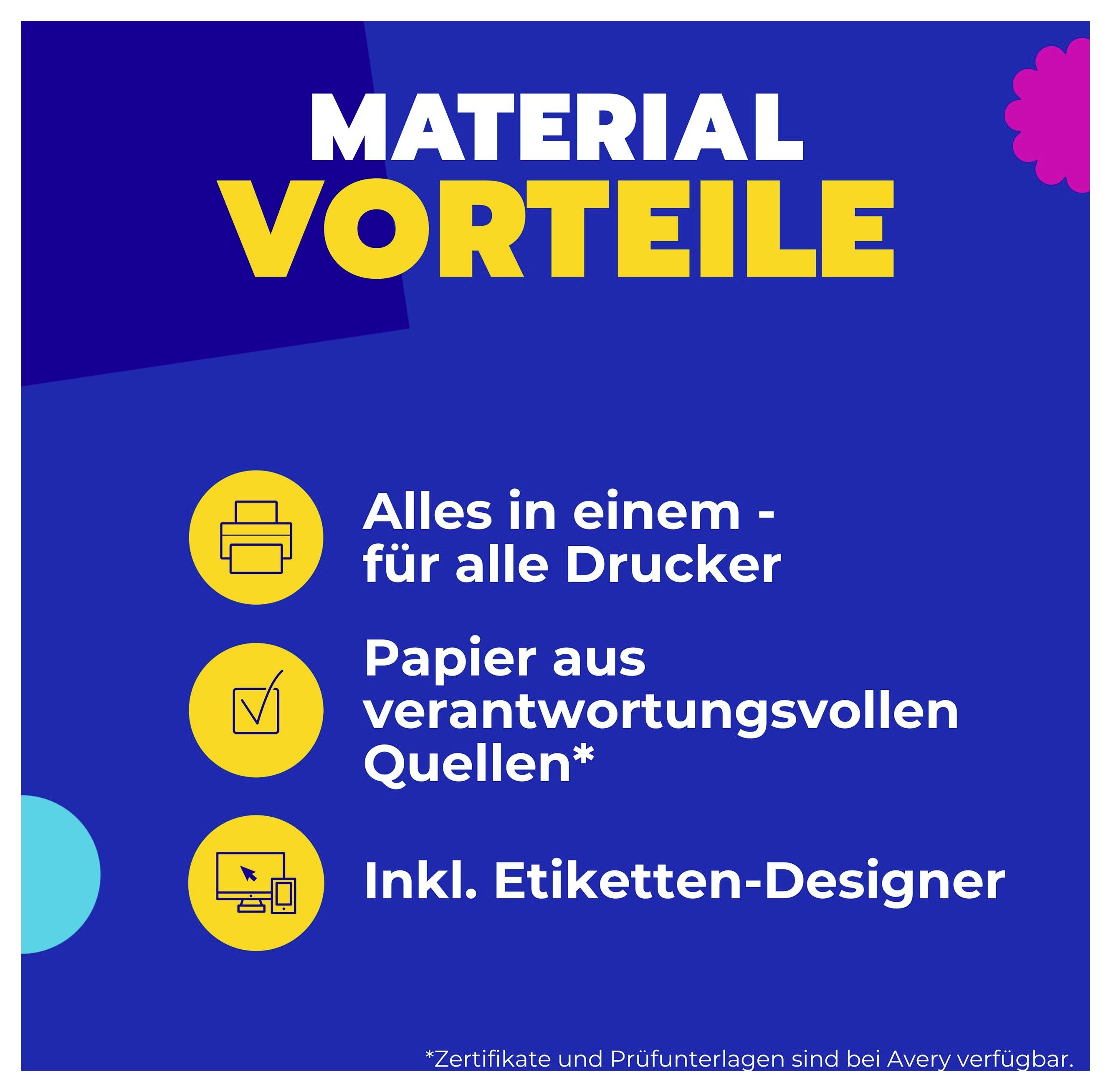 Infografik 'Material Vorteile' mit drei Punkten: alles in einem für alle Drucker, Papier aus verantwortungsvollen Quellen und inkl. Etiketten-Designer.