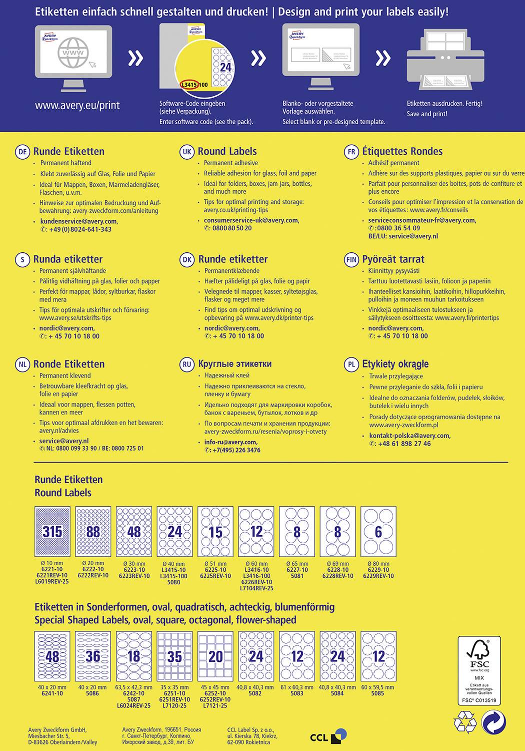 Etikettenbeschreibung und Anleitung zur Gestaltung und Druck von Etiketten in vier Sprachen. Verschiedene Etikettenformen und Größen dargestellt.