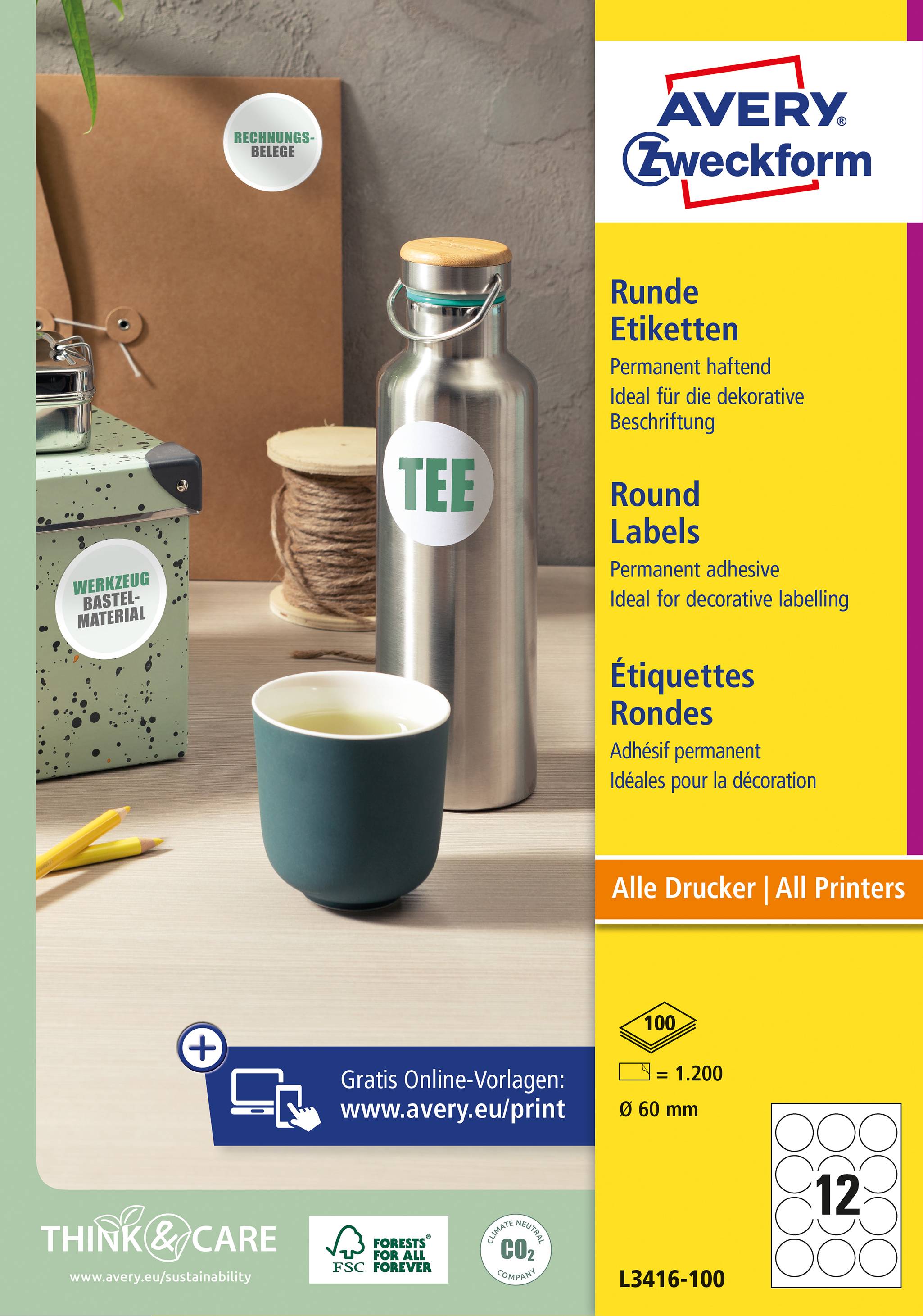 Avery Zweckform Verpackung für runde Etiketten mit 60 mm Durchmesser. Enthält 12 Etiketten. Kompatibel mit allen Druckern.