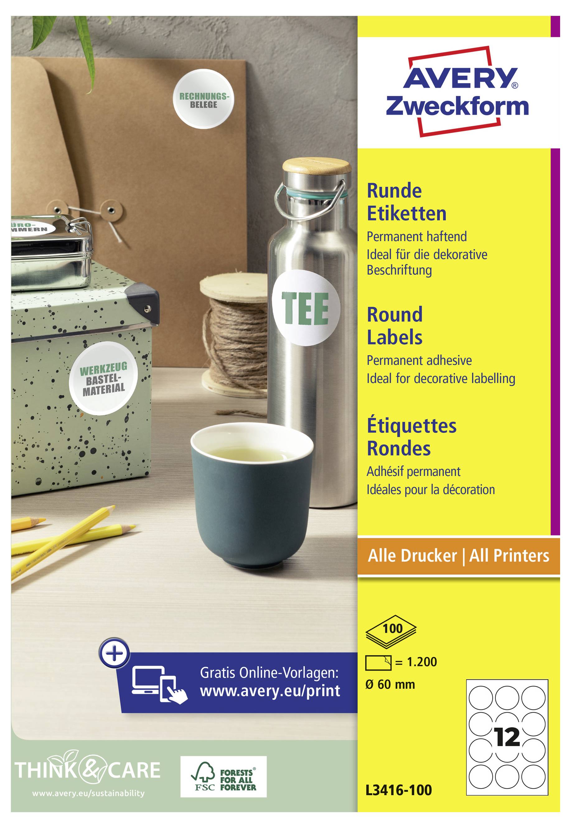 Avery Zweckform Rundetiketten-Anzeige mit einer Flasche mit der Aufschrift „TEE