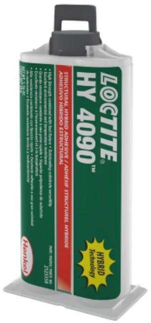 Eine Kartusche mit 'LOCTITE HY 4090', einem strukturellen Hybrid-Klebstoff. Enthält Hybrid-Technologie für starke Haftung.