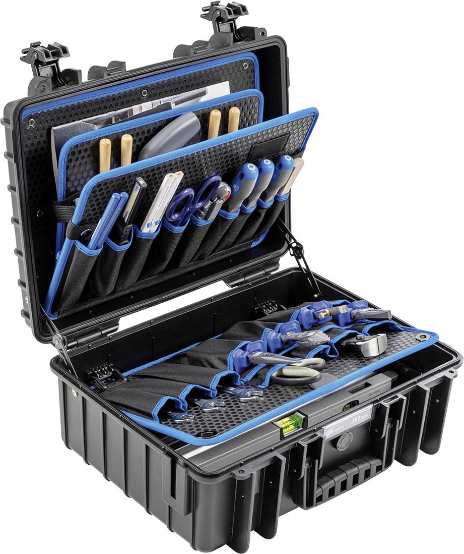 Ein offener Werkzeugkoffer zeigt verschiedene Werkzeuge, darunter Zangen und Schraubendreher, ordentlich in Fächern organisiert.