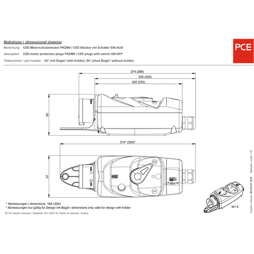 PCE 54025016 CEE Motorschutzstecker 32A 5polig 400V 1St.