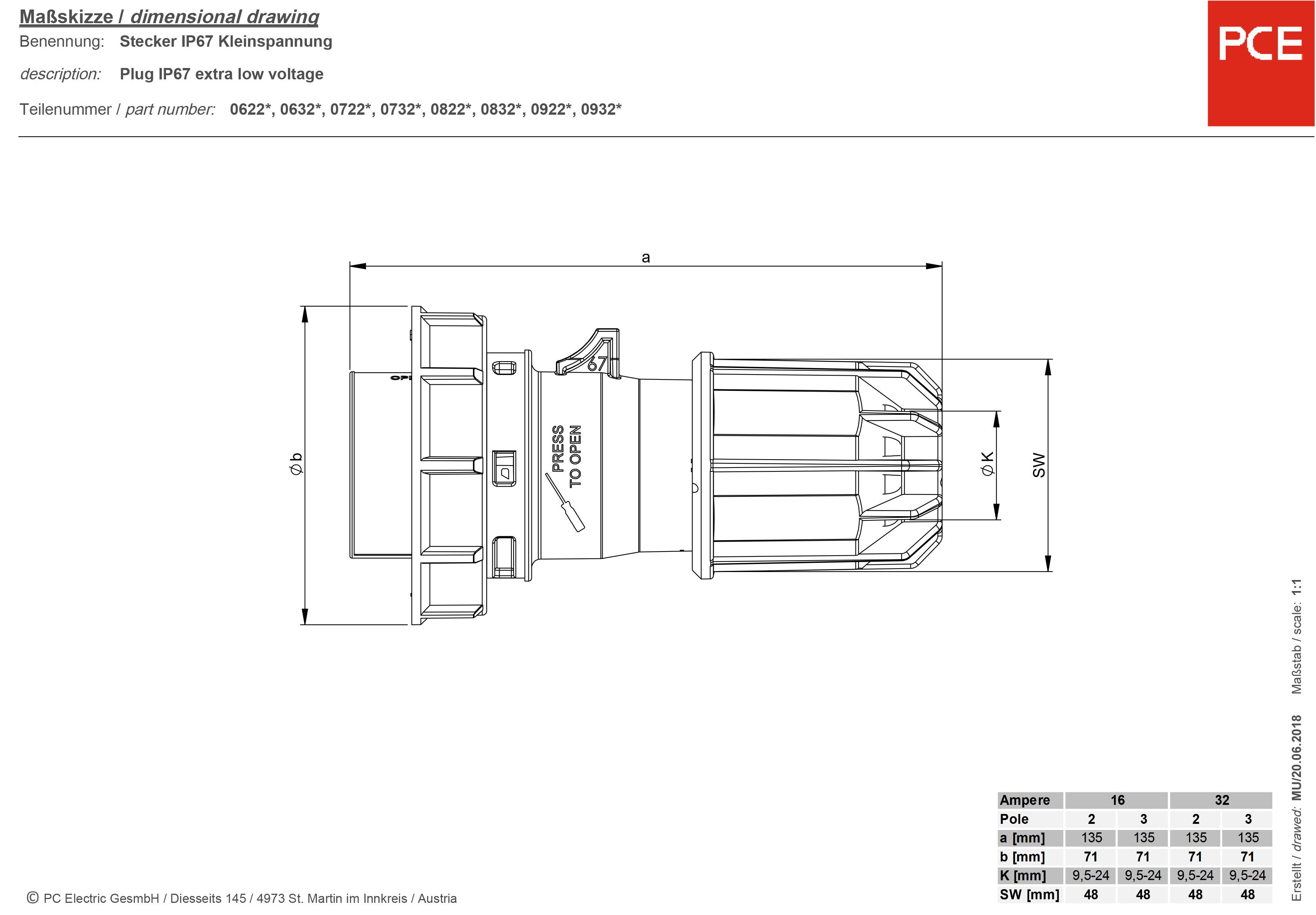 PCE Twist 0622v CEE Stecker 16A 2polig 24V 1St.