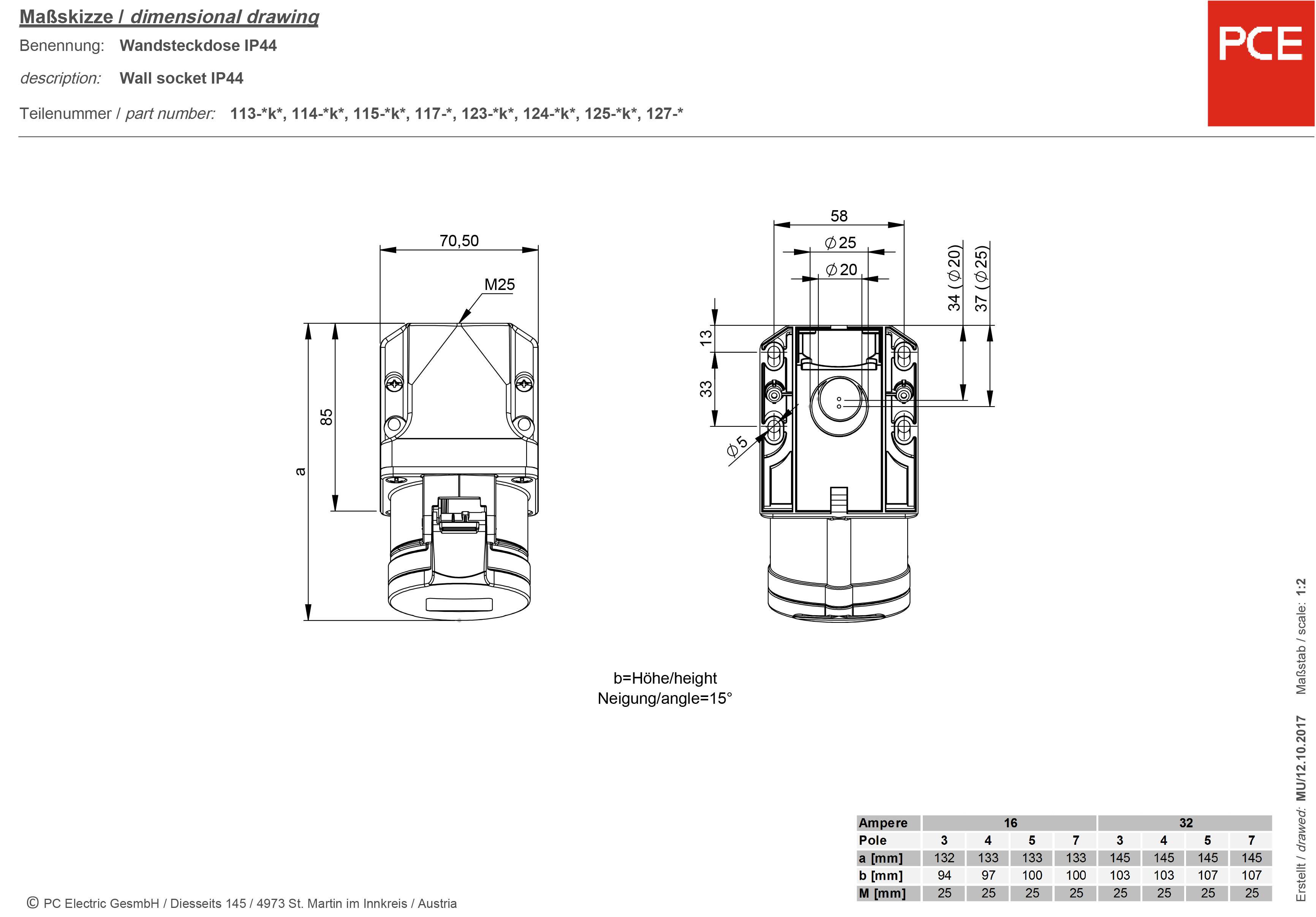 PCE 127-6v CEE Wandsteckdose 32A 7polig 400V 1St.
