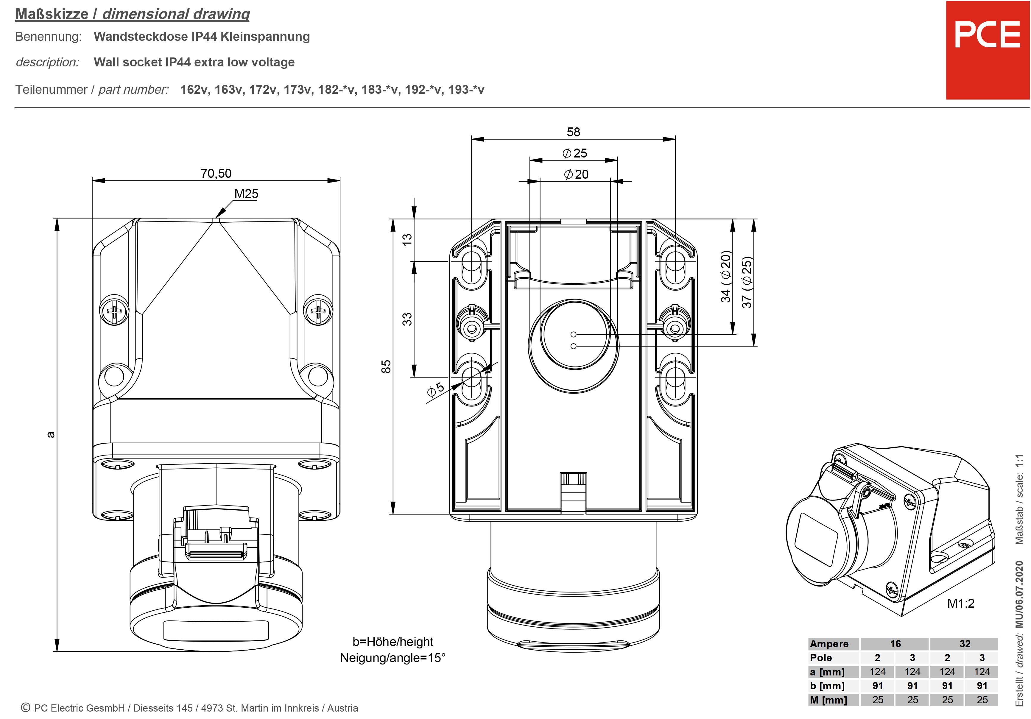 PCE 162v CEE Wandsteckdose 16A 2polig 24V 1St.
