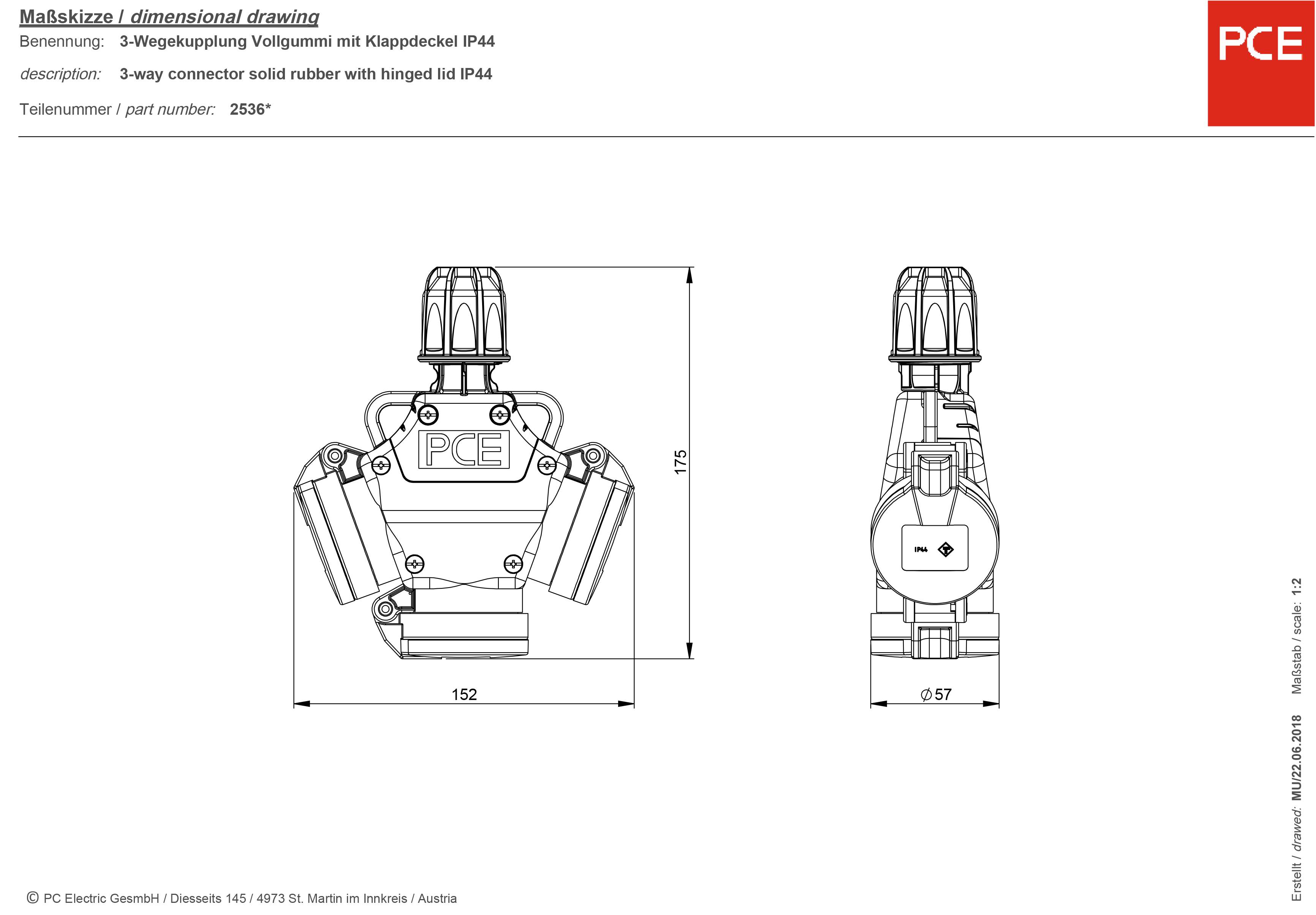PCE 253622-s 3fach-Kupplung Gummi 230 V Schwarz, Rot IP44