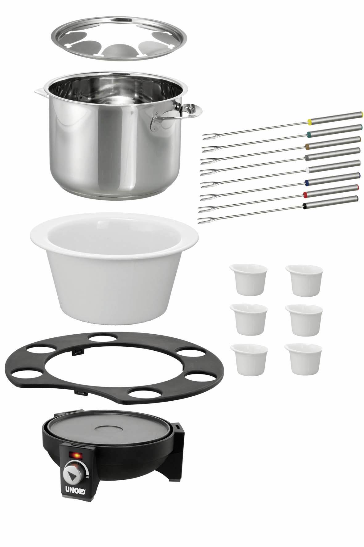 Set mit Edelstahl-Topf, sechs Fonduegabeln, Spritzschutz, Keramikschale, sechs Saucenschälchen, Drehscheibe und Rechaud.