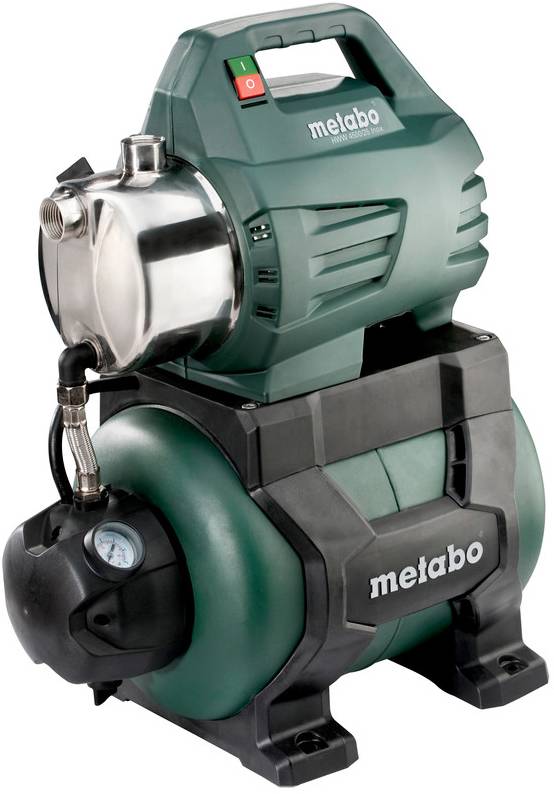 Tragbare Metabo-Wasserpumpe mit Edelstahltank, Griff, Druckanzeige und auf einer Basis montiertem Motorgehäuse.