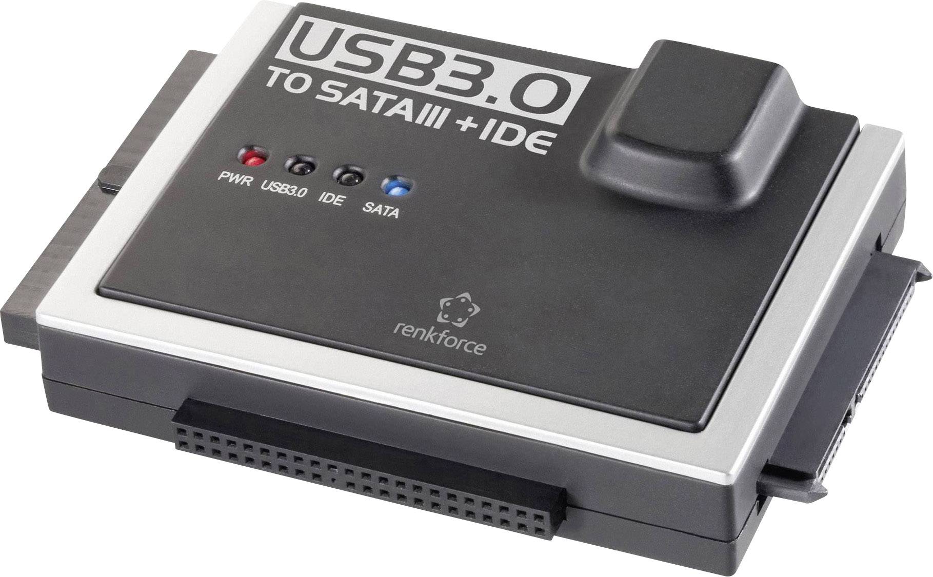 USB 3.0-Adapter für SATA III und IDE, mit LED-Anzeigen für Strom, USB, IDE und SATA, von Renkforce.