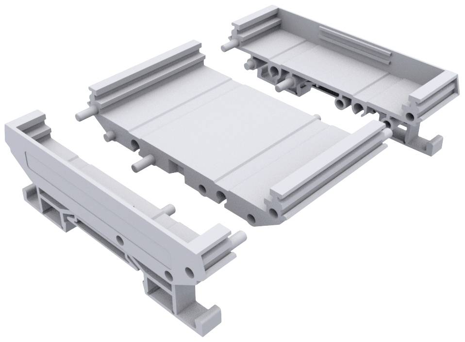 Drei graue Kunststoffteile, die zusammenpassen. Sie sind modular und scheinen Teil eines Baukastensystems zu sein.