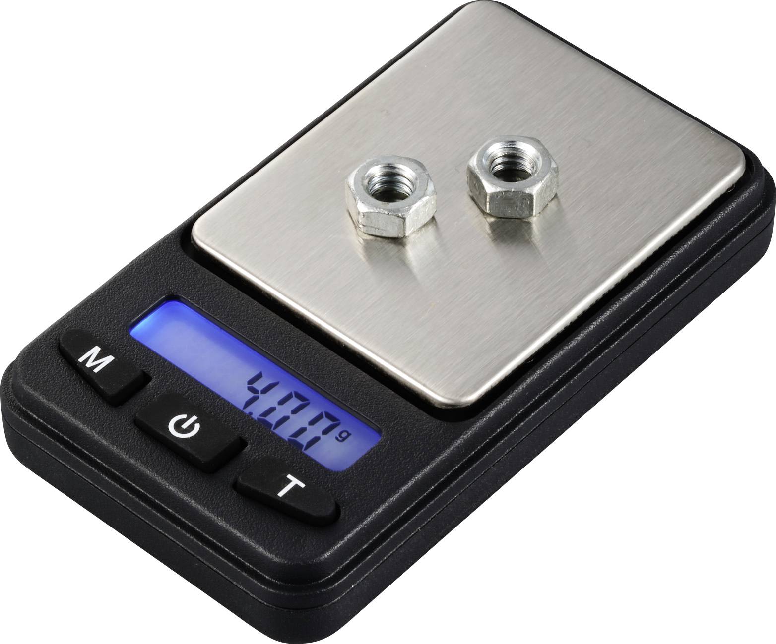 Zwei Muttern werden auf einer digitalen Waage mit blauer Anzeige gewogen, die ein Gewicht von 40,0 Gramm anzeigt.