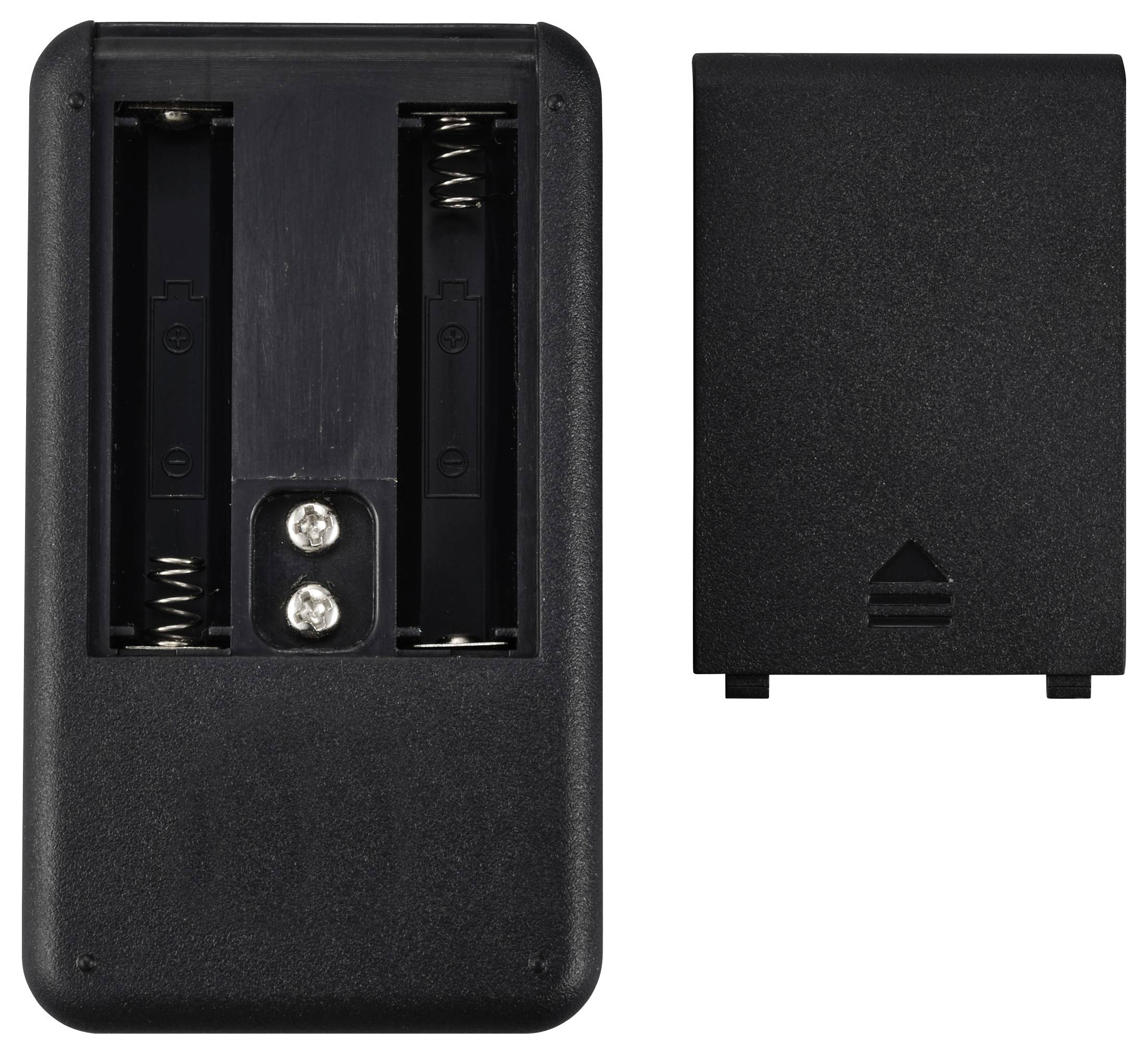 Schwarzes Batteriefach mit abnehmbarem Deckel, geeignet für zwei AA-Batterien. Deckel zeigt eine Pfeilmarkierung.