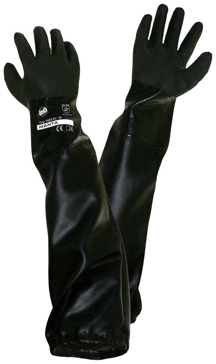 Schwarze, lange Schutzhandschuhe aus festem Material, die bis über die Ellenbogen gehen, für chemischen oder industriellen Einsatz.