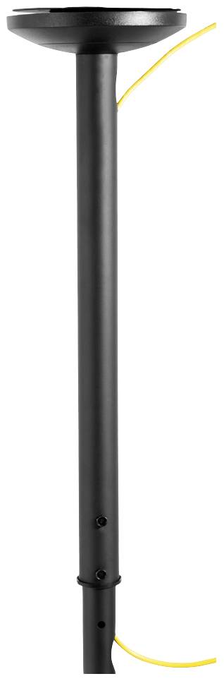 Eine schwarze Metallstange mit gelbem Kabel, möglicherweise Teil einer Lampe oder eines ähnlichen Geräts.