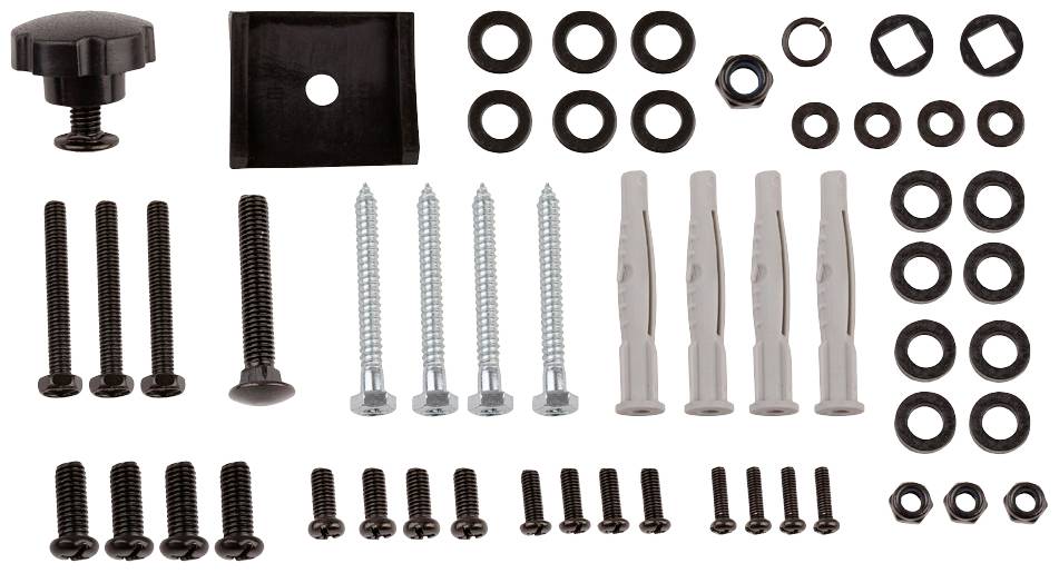 Verschiedene Schrauben, Dübel und Unterlegscheiben in variierenden Größen und Formen, sortiert in Reihen auf einem weißen Hintergrund.