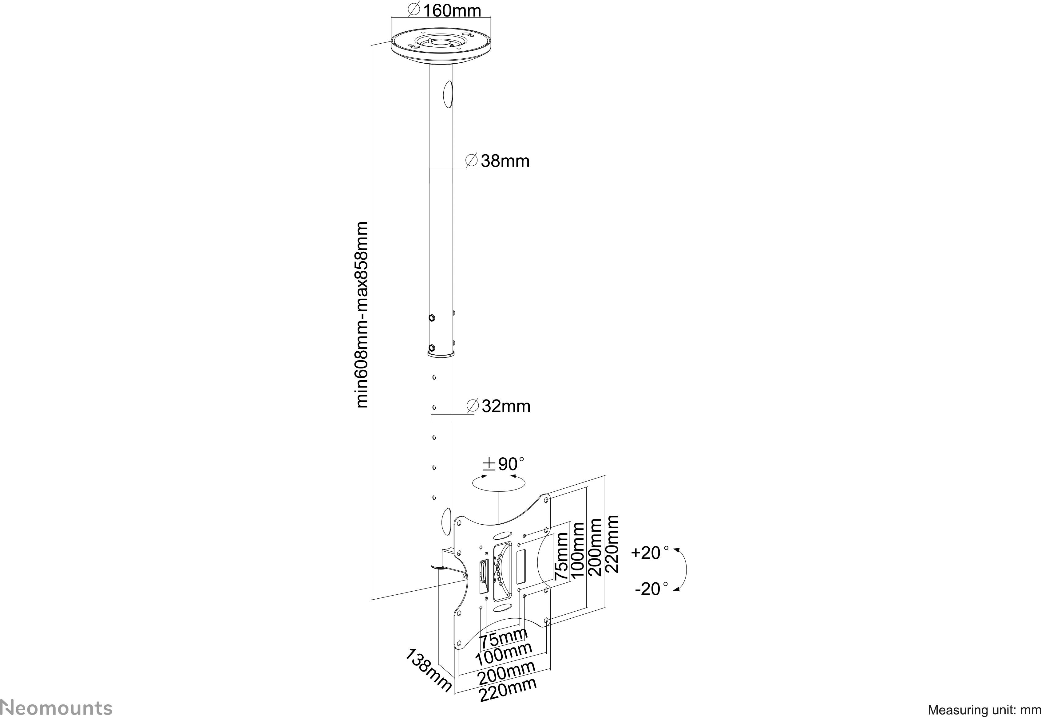 Technische Zeichnung einer Deckenhalterung für Projektoren. Maße: Höhe 680mm-980mm, max. 850mm. Schwenkbereich ±90°, Neigung -20° bis +20°.