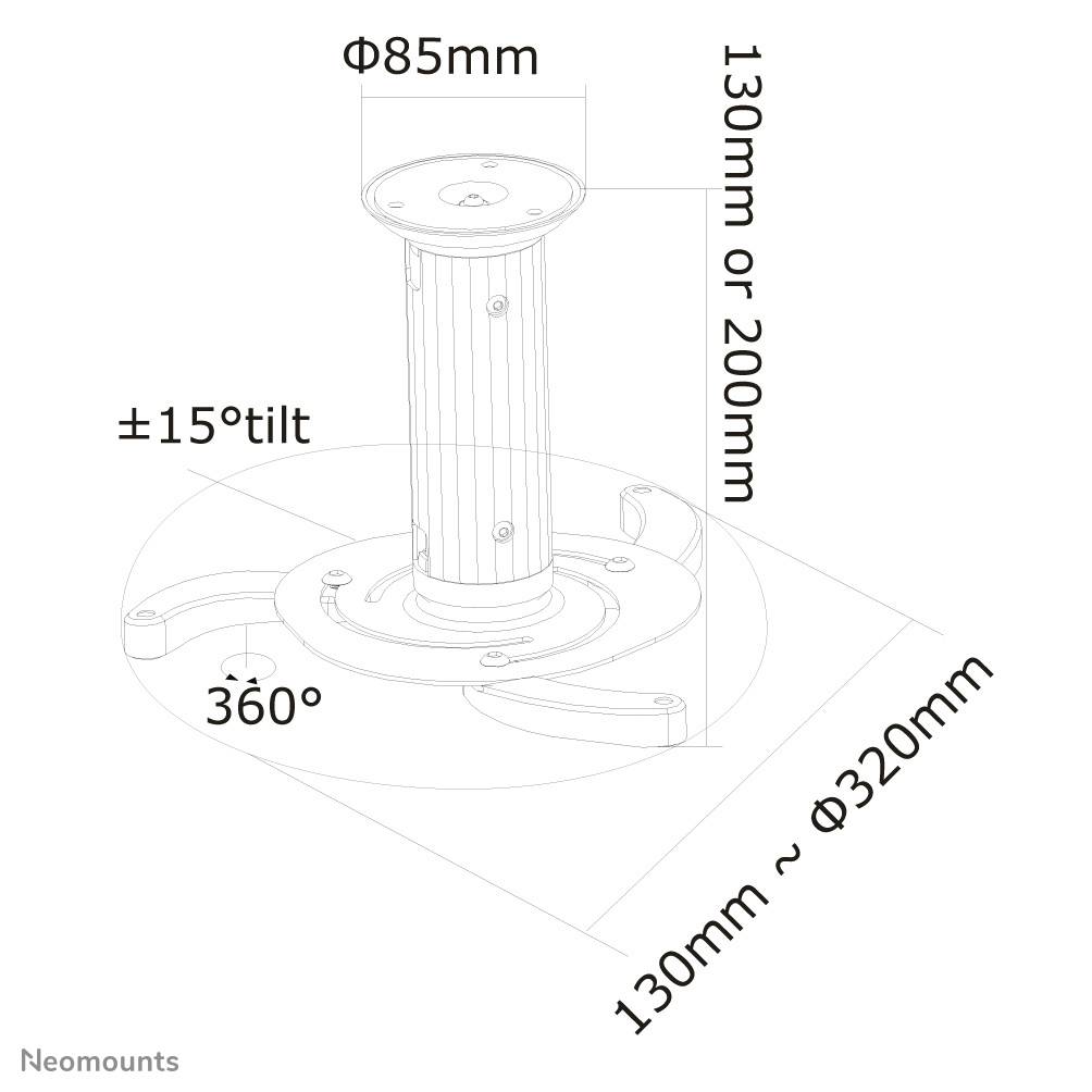 Diagramm eines Deckenprojektorhalters mit einstellbarer Höhe (130 mm oder 200 mm), Neigung von ±15°, 360° Drehung, Stützfuß 85 mm.