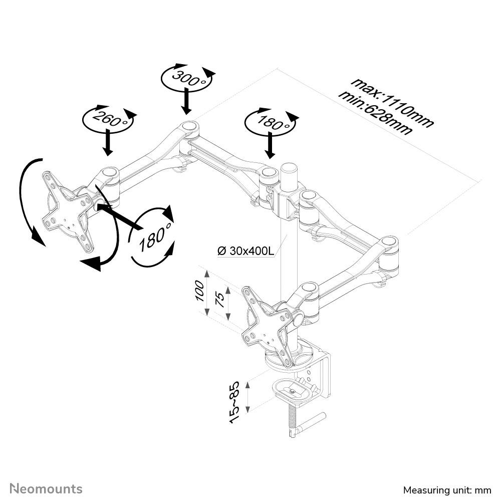 Diagramm eines Monitorarms: Zeigt Drehwinkel von 180°, 260°, 300° und Höhenverstellung von 15-85 mm. Maximale Breite 1110 mm.