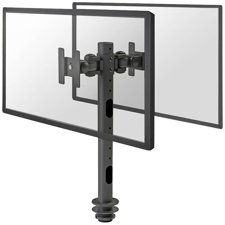 Ein dualer Monitorarm aus Metall mit zwei angebrachten Bildschirmen. Ermöglicht verstellbare, platzsparende Bildschirmpositionierung.