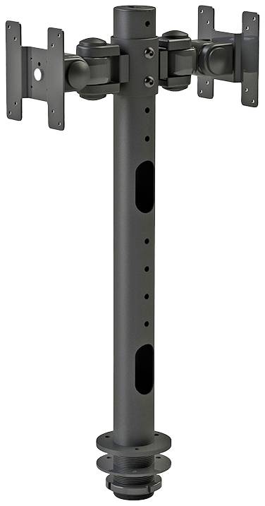 Ein schwarzer Monitorständer mit zwei Halterungen für Monitore, montierbar an einem Schreibtisch, mit Kabeldurchführung.