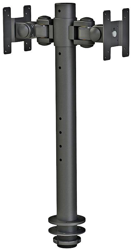 Schwarze duale Monitorhalterung mit verstellbaren Armen und festen Klemmen zur Befestigung an einem Schreibtisch.