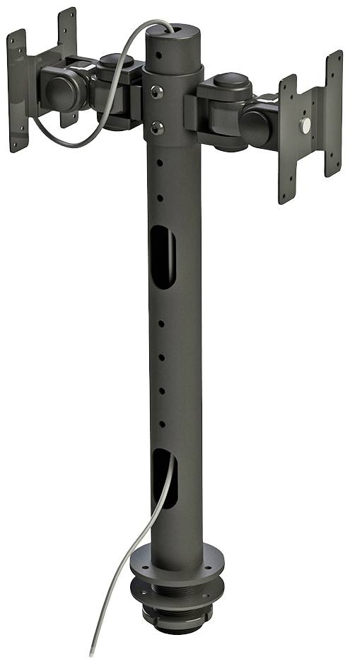 Ein doppelter Monitorständer aus Metall, geeignet zur Montage von zwei Bildschirmen, mit Kabelmanagement und verstellbarer Höhe.