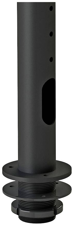 Schwarzes, zylindrisches Metallrohr mit mehreren Löchern und einer flanschartigen Basis. Möglicherweise ein Bauteil für Konstruktionen.