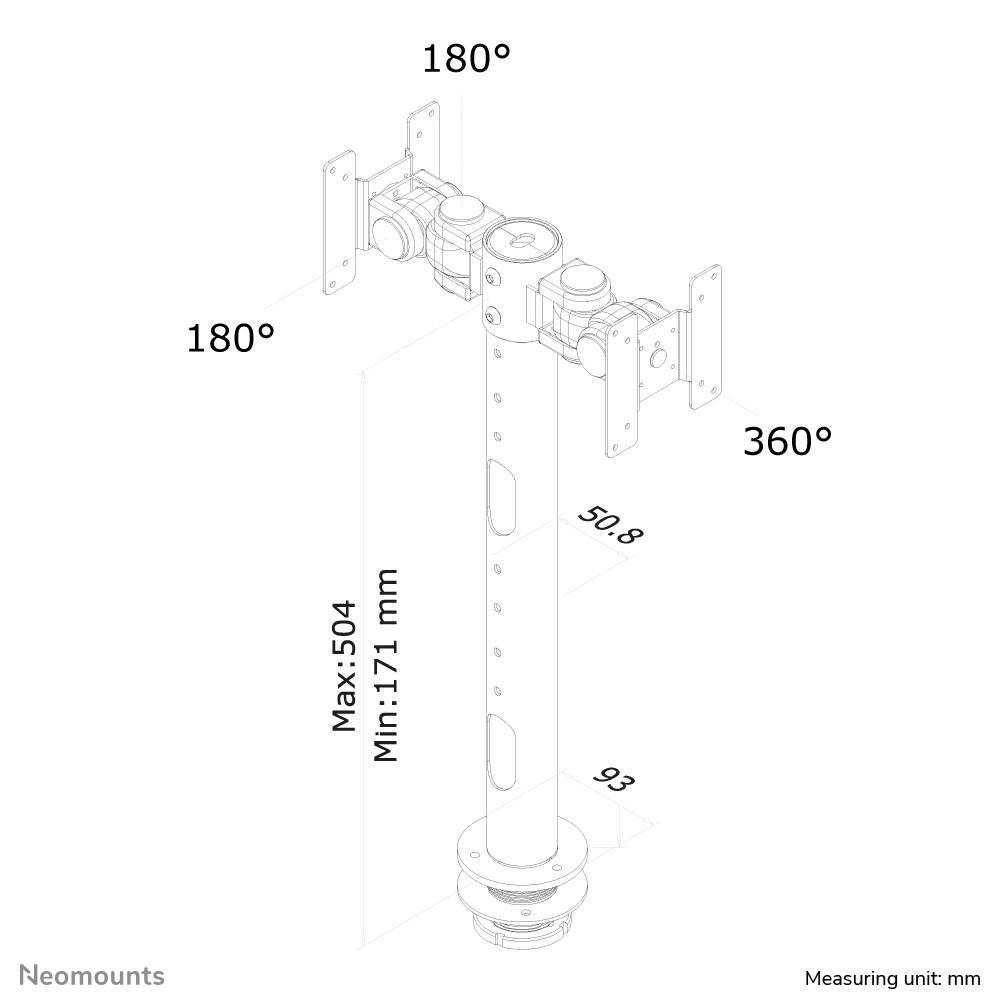 Eine technische Zeichnung zeigt eine Halterung mit drehbaren Armen: horizontal 180°, vertikal 360°. Maße: Min. 171 mm, Max. 504 mm.