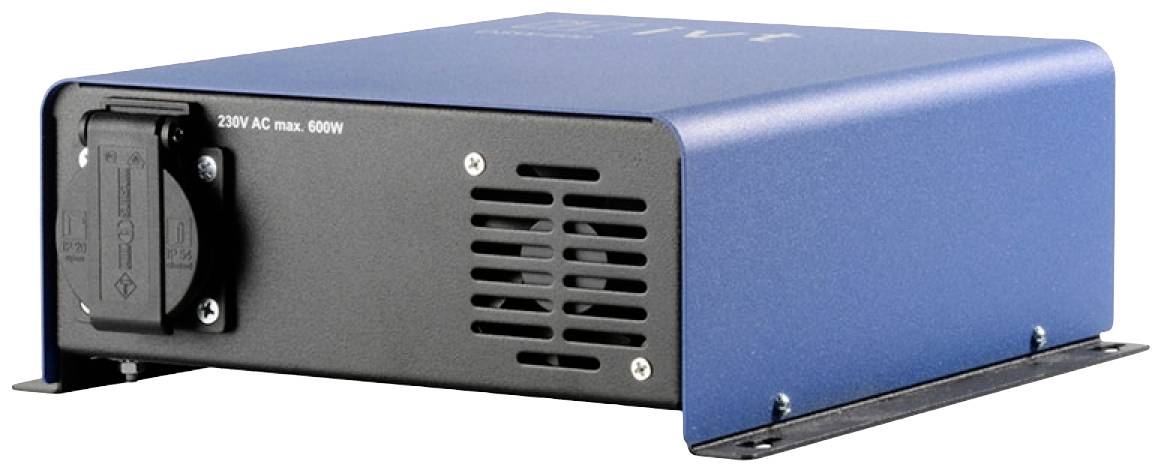 Ein blauer Stromkonverter mit schwarzer Steckdose und Lüftungsschlitzen, geeignet für 220V AC bis zu 600W, in Metallgehäuse.