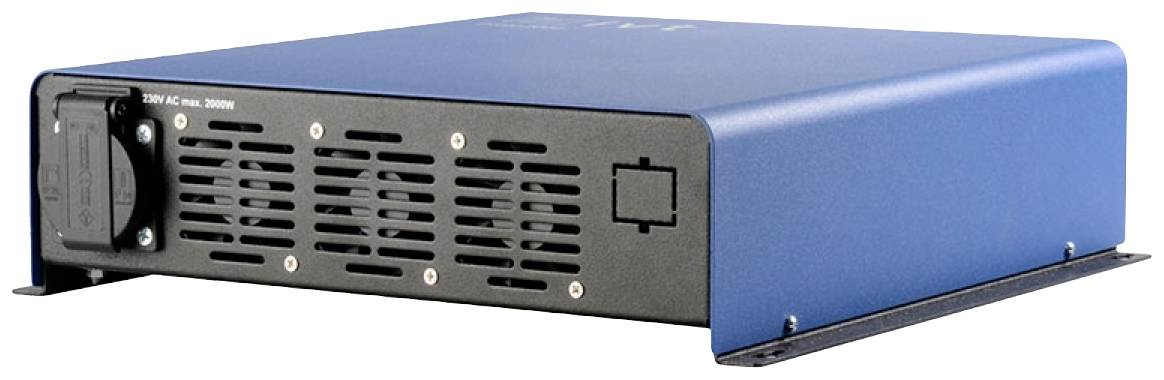 Ein blauer elektrischer Spannungswandler mit Lüftungsschlitzen und Steckdose an der Vorderseite, genutzt zur Stromumwandlung.