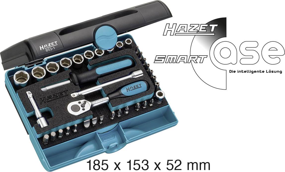 'Hazet Smart Case', ein kompakter Werkzeugkoffer mit Steckschlüsselsystem und Schraubendreher, Maße: 185 x 153 x 52 mm.