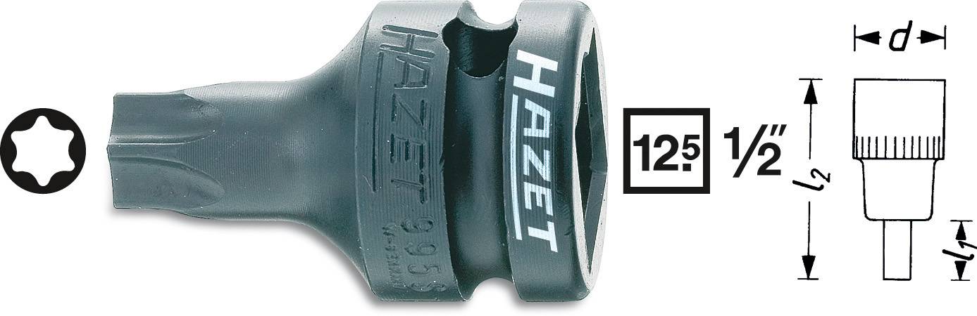 Hazet T45 manipulationssicherer Torx-Bit-Stecknuss, Größe T45, mit 1/2-Zoll-Antrieb und Abmessungsdiagramm rechts dargestellt.