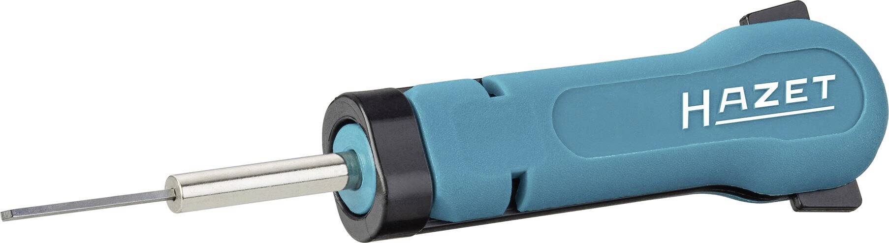 Ein blauer Schraubendreher der Marke Hazet mit einem flachen Metallkopf. Der Griff ist ergonomisch gestaltet für besseren Halt.