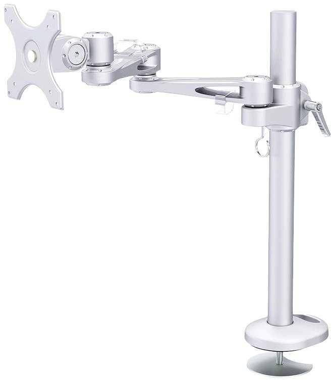 Monitorhalterung aus Metall, verstellbar mit zwei Gelenkarmen und einer Klemme zur Befestigung an einem Schreibtisch.