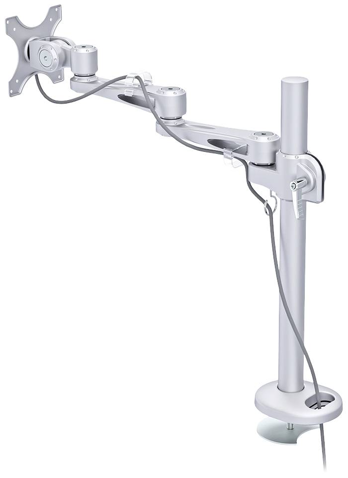 Ein schwenkbarer Monitorarm aus silbernem Metall, befestigt an einer Tischkante, mit Kabelhalterungen und mehreren Gelenken für flexible Positionierung.