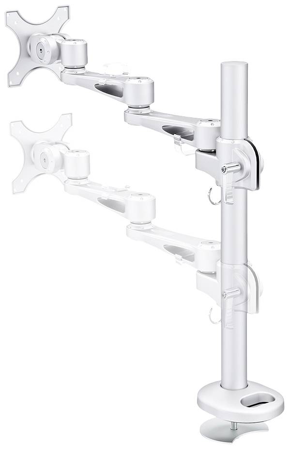 Doppelte Monitorhalterung aus Metall, silberfarben, mit einstellbaren Armen und VESA-Halterungen, geeignet für Schreibtische.