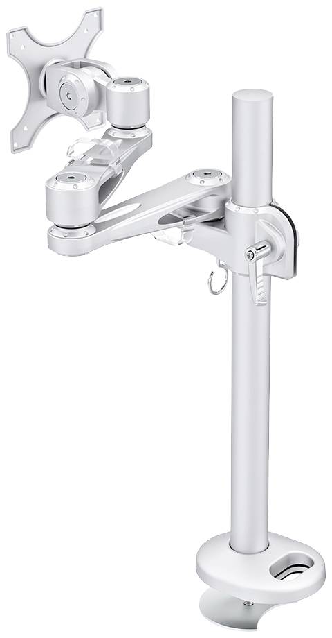 Ein silberner Monitorarm mit verstellbaren Gelenken und Halterung, an einem vertikalen Pfosten montiert, für ergonomische Bildschirmpositionierung.