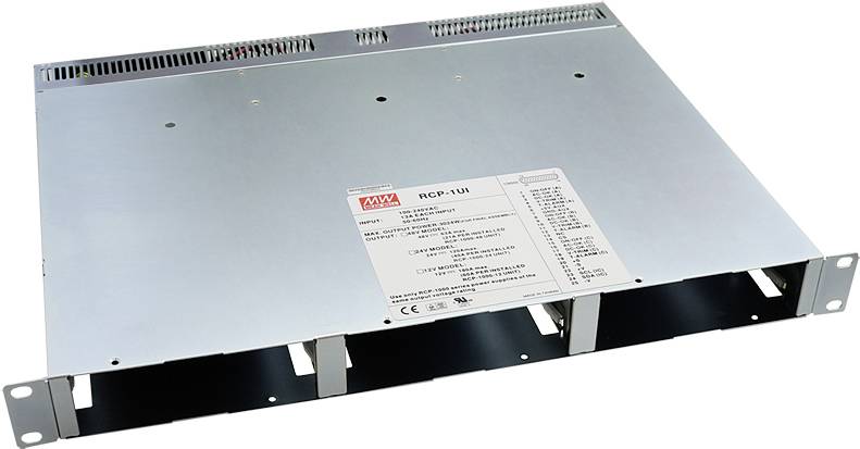 Metallisches Rack-Montage-Netzteilgehäuse mit Beschriftungen und Belüftungsschlitzen, geeignet für den Einbau in 19-Zoll-Racks.