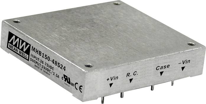 Silbernes Elektronikmodul von MEAN WELL, Modell MHB150-48S24, mit Eingangs- und Ausgangsbezeichnungen an der Seite.