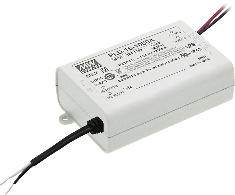 Ein weißer LED-Treiber von Mean Well mit der Modellnummer PLD-16-1050A. Eingangs- und Ausgangsspannung sind angegeben.