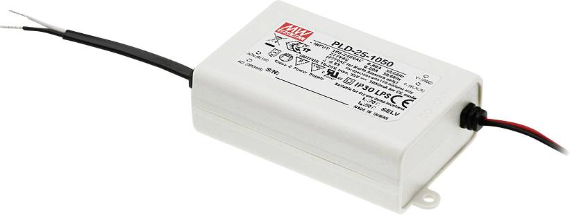 LED-Treiber mit weißem Gehäuse, Ausgangsdrähte links und rechts. Modellnummer 'PLD-25-1050' von Mean Well aufgedruckt.
