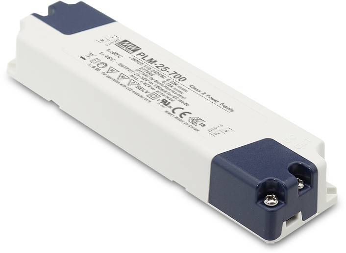 Rechteckiges elektronisches Gerät mit weißem Gehäuse und blauen Enden, beschriftet mit technischen Details und CE-Kennzeichnung.