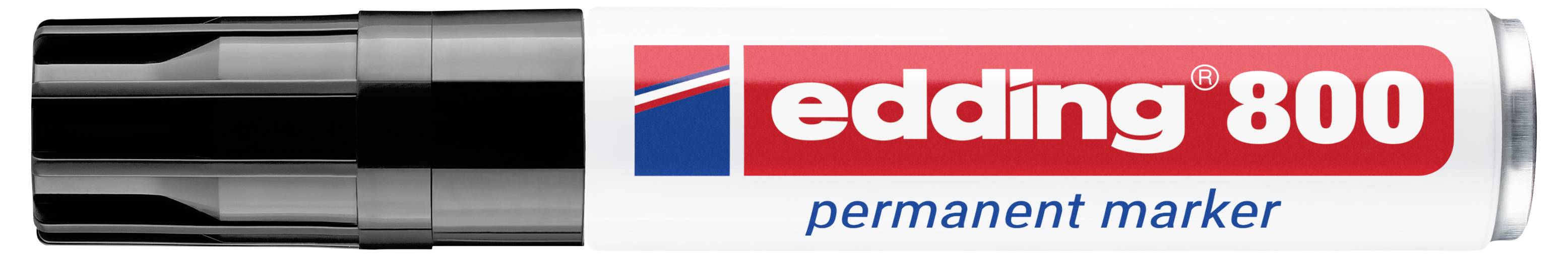 Schwarzer und weißer Edding 800 Permanentmarker horizontal dargestellt, mit rotem und blauem Branding auf dem Schaft.