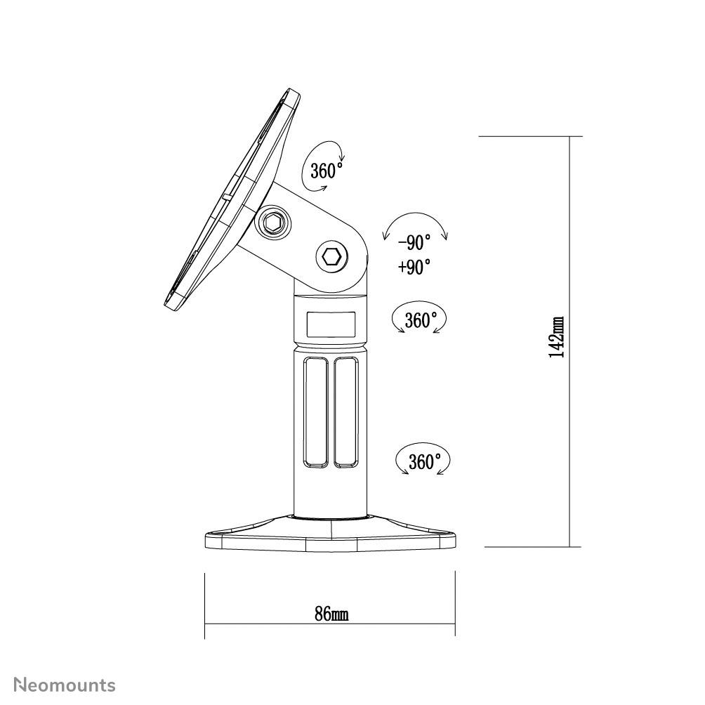 Technische Zeichnung eines Schwenk- und Neigearms mit Maßen: Höhe 142 mm, Breite 86 mm. Rotationswinkel: 360° horizontal, +90° bis -90° vertikal.