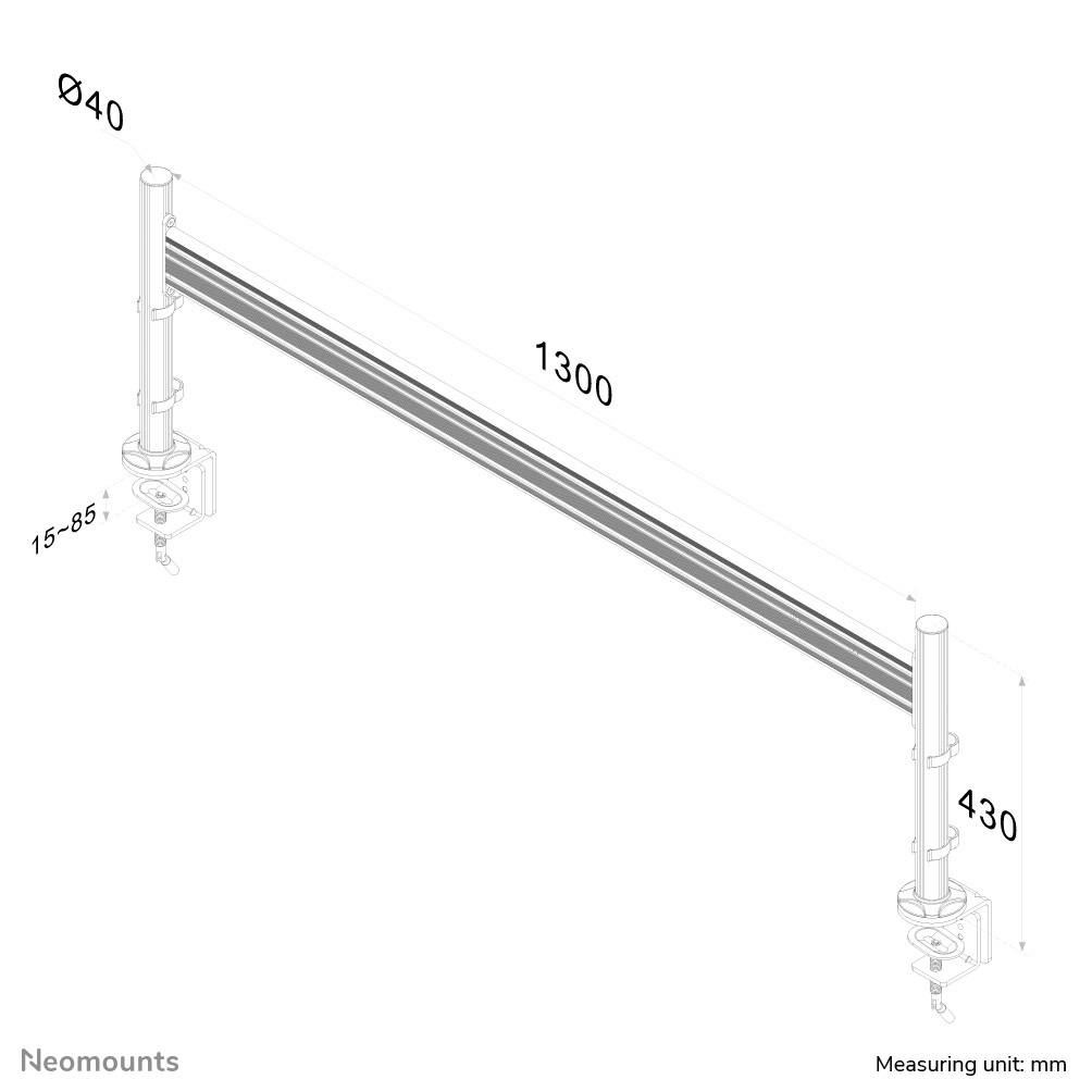 Montageanleitung für einen länglichen Metallbügel mit den Maßen: Länge 1300 mm, Breite 40 mm, einstellbare Höhe 15–85 mm.