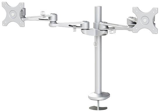 Doppelter Monitorarm aus silbernem Metall, montiert auf einem Standfuß, mit zwei VESA-Halterungen für die Befestigung von Monitoren.