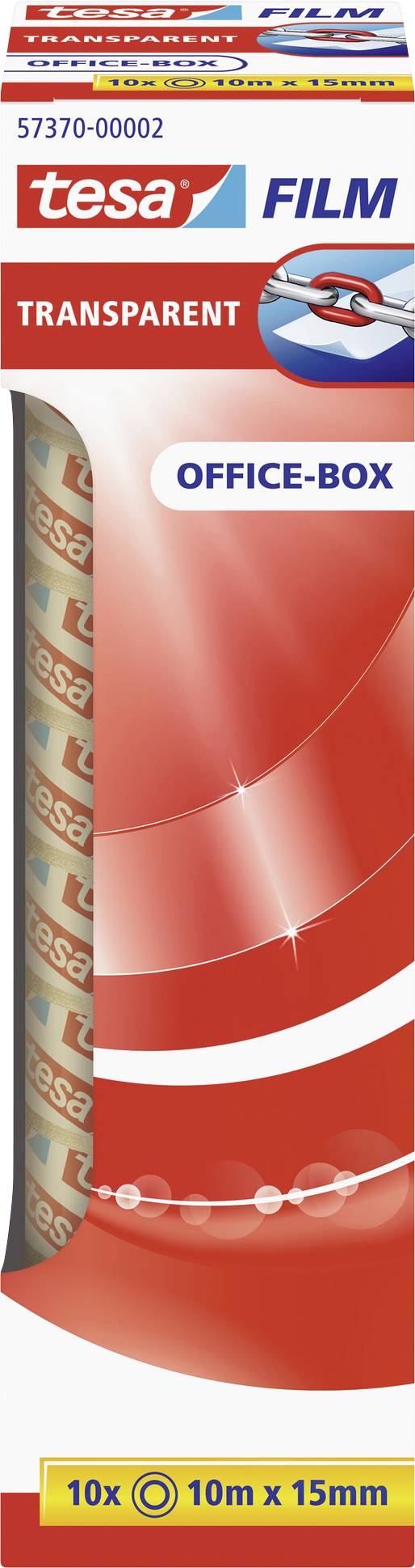 'Verpackung für Tesa Klebefilm Transparent, 10 Rollen, jeweils 10m x 15mm, mit der Aufschrift 