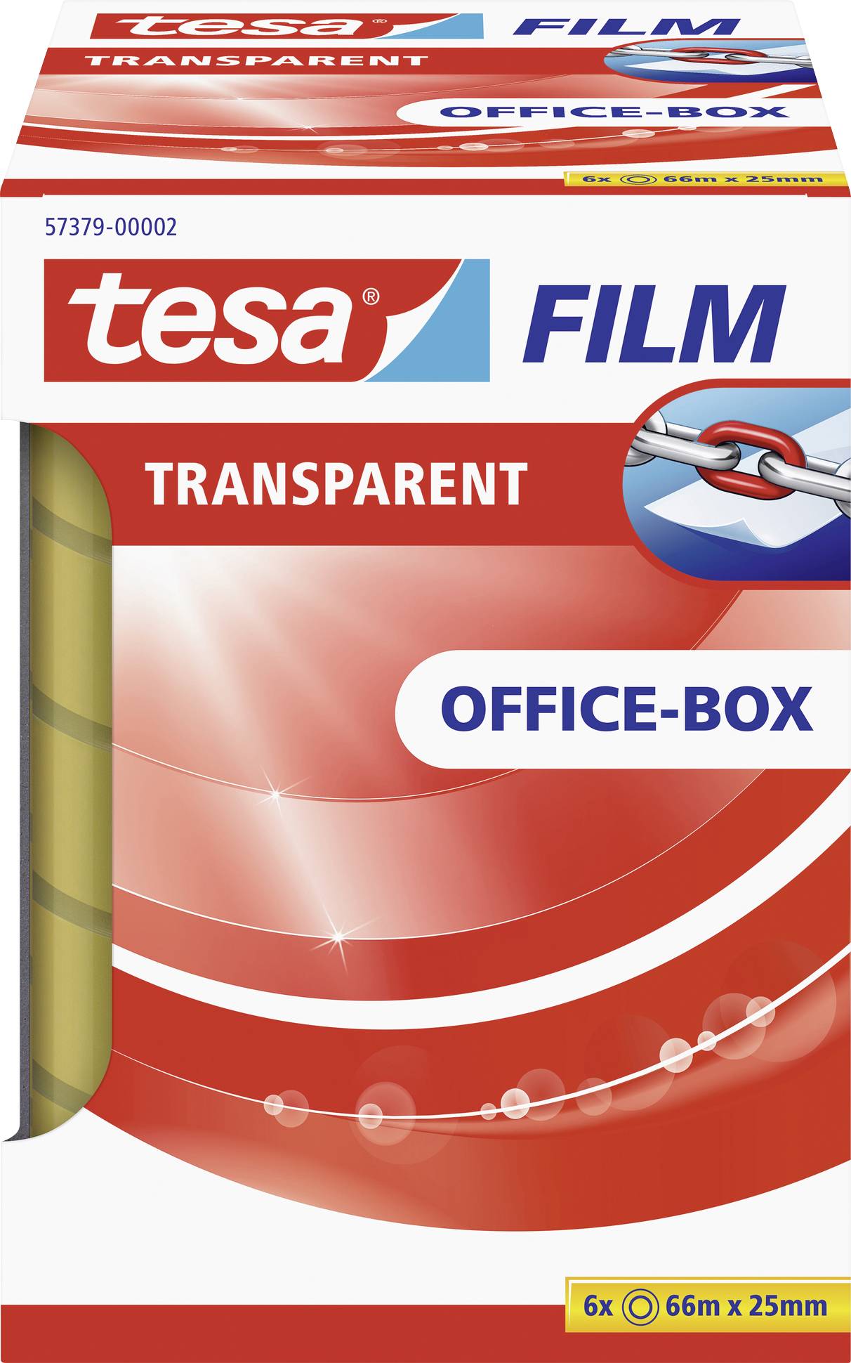 Verpackung einer 'tesa FILM' Bürobox mit transparentem Klebeband, 66 m lang, 25 mm breit. Aufdruck eines Kettensymbols.